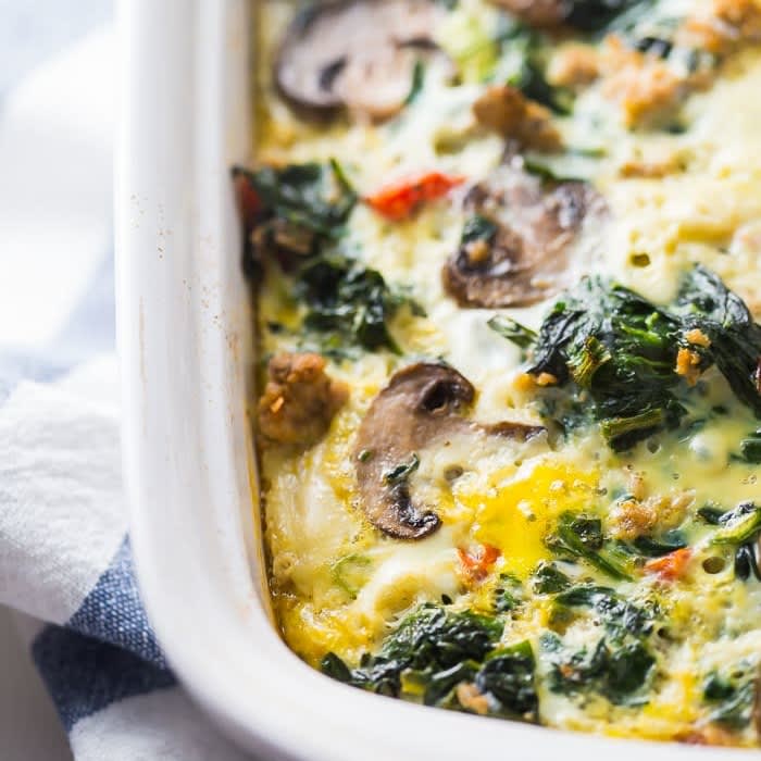Whole30 Breakfast Bake with Sausage, Eggs, Spinach, and Mushrooms