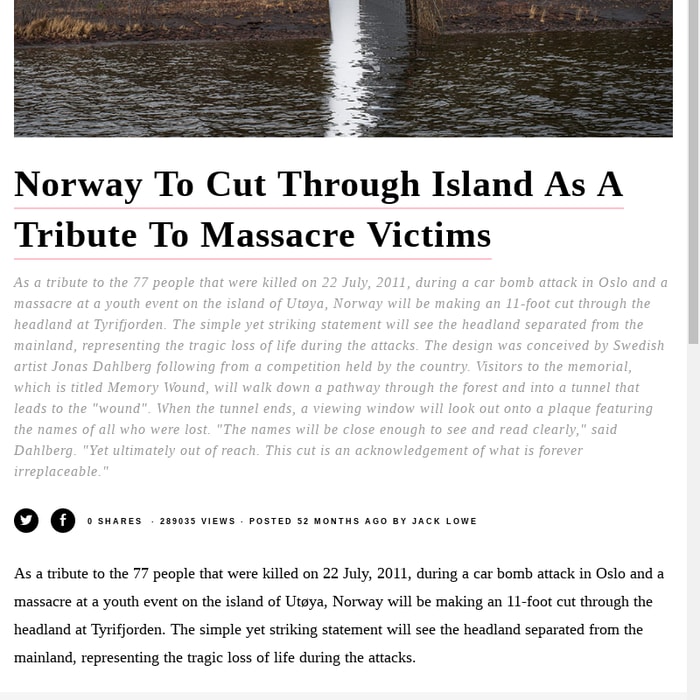 Norway To Cut Through Island As A Tribute To Massacre Victims