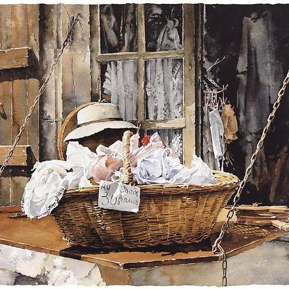 Old Basket By Christian Graniou, Watercolor Painting