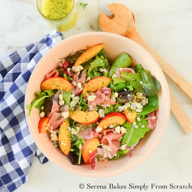 Nectarine Summer Salad With Prosciutto Blue Cheese And Lemon Rosemary Thyme Vinaigrette