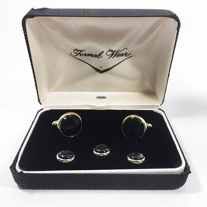 SWANK Men's Jewelry Set, Formal Black Cuff Links and Stud Set, Vintage 1950s 1960s Tuxedo Accessories, Prom or Groom's Wedding Attire