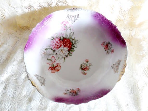 Vintage Bavarian Floral Transferware Serving Bowl - Purple Pink White - Gold Trimmed - Rose Carnation Mum - German - Germany