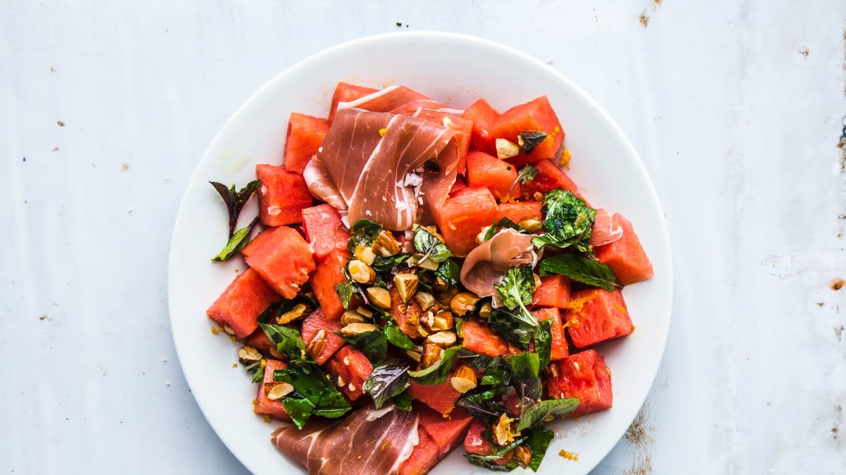 Watermelon and Prosciutto with Mint and Toasted Almonds Recipe