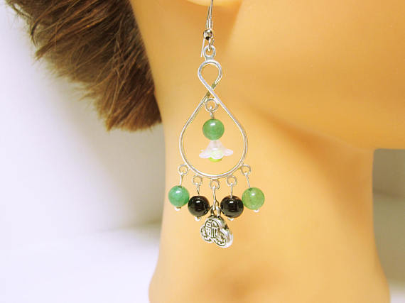 Oriental Style Chandelier Earring Dangles Silver Chandeliers With Green And Black Beads EARRING JEWELRY