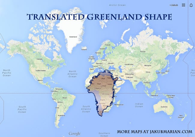 How big are Greenland and Russia in comparison to Africa?