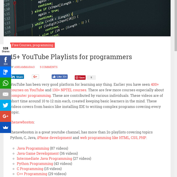 15+ YouTube Playlists for programmers - Free Courses
