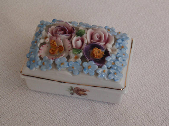 Porcelain Trinket Box Elfinware Germany Floral Top Vintage 082517CM