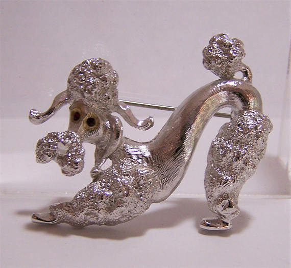 Monet Poodle Dog Pin, Figural Poodle Brooch, Red Rhinestone Eyes, Silver Tone Dog, Mid Century Figural Jewelry 717