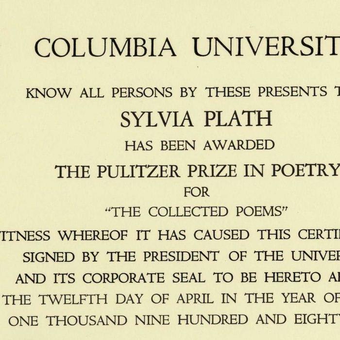 Sylvia Plath's Pulitzer Prize in Poetry Is Up for Auction