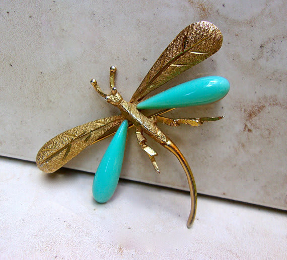 HOBE' Dragonfly Faux Turquoise Brooch, Etched Gold Tone, Signed Vintage