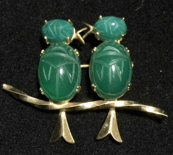 Burt Cassell Scarab Bird Pin, Carved Green Chrysoprase Beetle Stones, Gold Filled Figural Brooch, Mid Century Jewelry 218