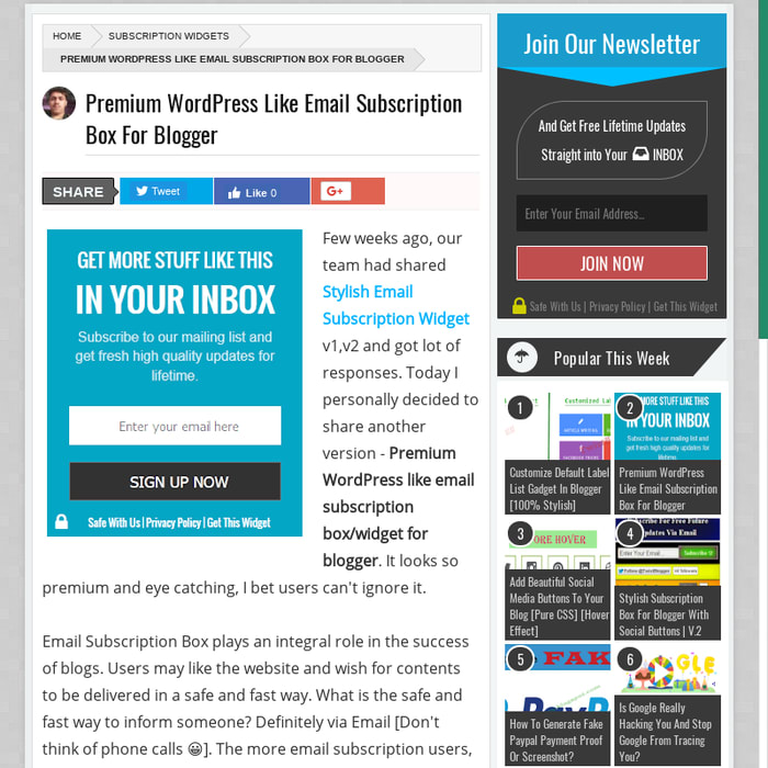 Premium WordPress Like Email Subscription Box For Blogger