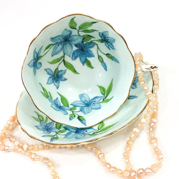 Paragon Tea Cup and Saucer, Large Blue Bell Flowers, Garden Party High Tea, 1960s, English Bone China Porcelain, Vintage