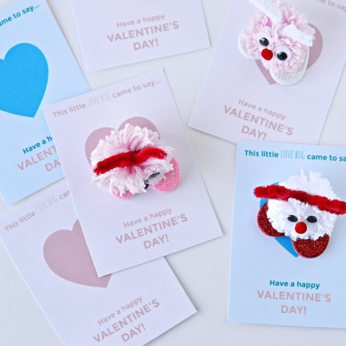 Pom-Pom Love Bug Valentines -- Craft Tutorial and Free Printable Valentine's Day Cards