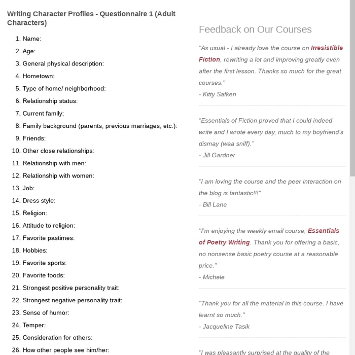 Questionnaires for Writing Character Profiles - Creative Writing Help