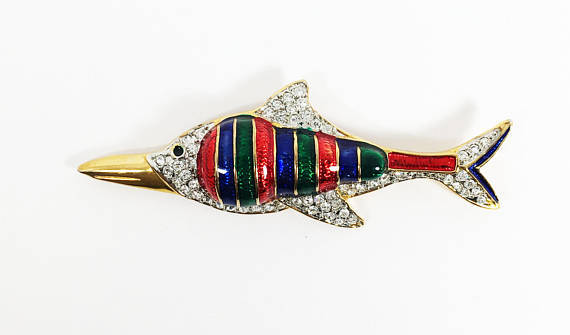 Rhinestone Fish Brooch, Red Blue Green on Gold Tone Figural, Modern Vintage 1980s 1990s Swordfish, Saltwater Fish Jewelry