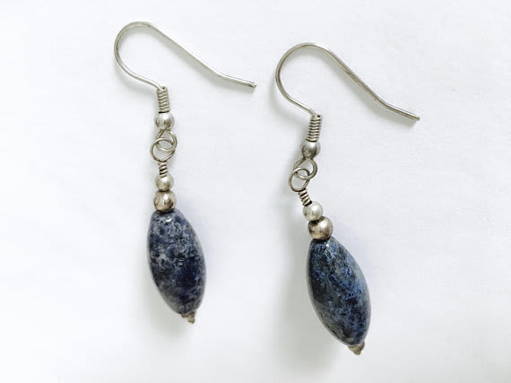 Blue Sodalite Dangle Earrings, Silver Wire French Hook Drop Earrings, Denim Blue Polished Sodalite Earrings, Casual Earrings, BoHo Style