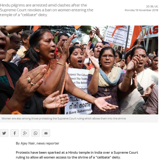 Protests over court ruling to allow women to enter Hindu temple in India