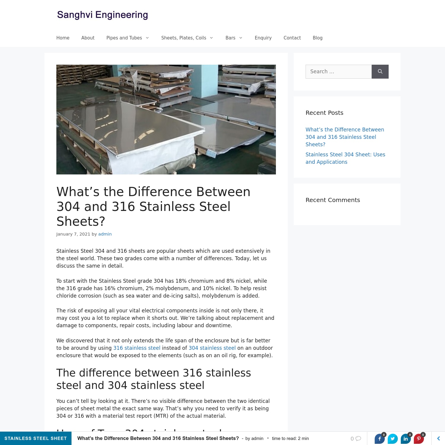 What's the Difference Between 304 and 316 Stainless Steel Sheets? - Sanghvi Engineerings Blog