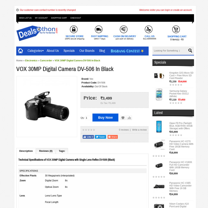 VOX 30MP Digital Camera DV-506 In Black