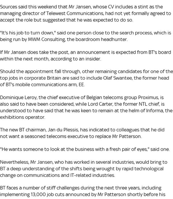 BT dials up Worldpay's Jansen in hunt for next CEO