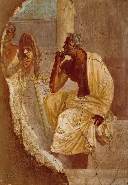 Roman fresco showing an actor and a tragic mask, located in Pompeii. Dated back to I century CE.