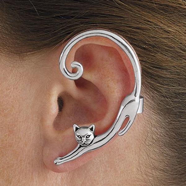 Single Punk Style Gold/Silver Plated Cat Post Earring With Ear Cuff