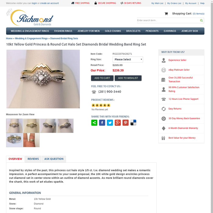 10kt Yellow Gold Princess & Round Cut Halo Set Diamonds Bridal Wedding Band Ring Set by RG&D