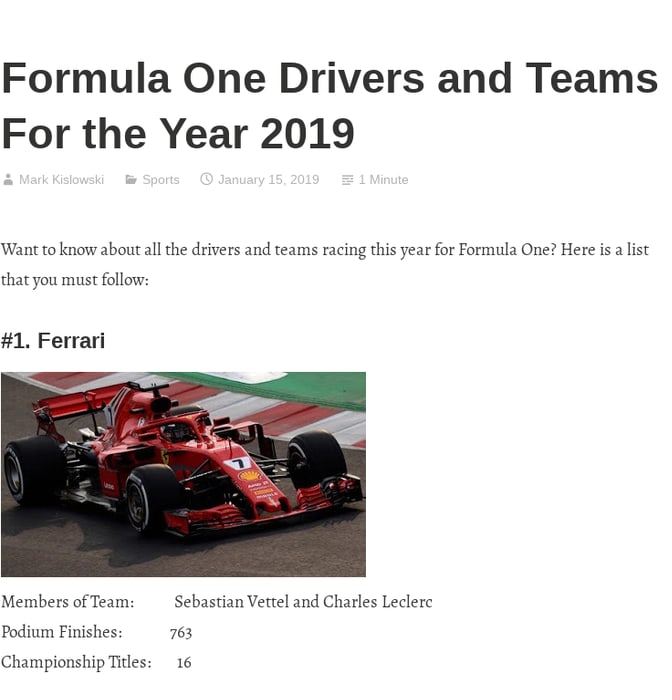 Formula One Drivers and Teams For the Year 2019