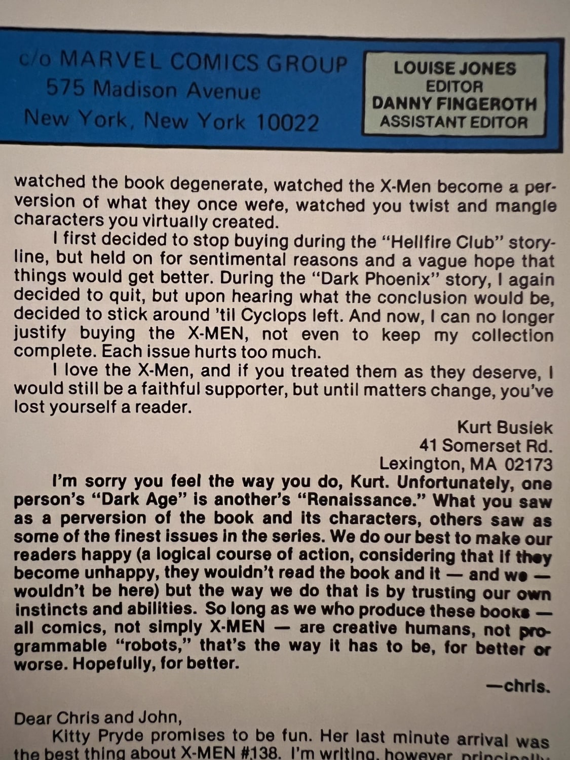 Haha a 20 year old Kurt Busiek got a hate letter published in UXM 143. Anyone know any other famous folks in letter cols?