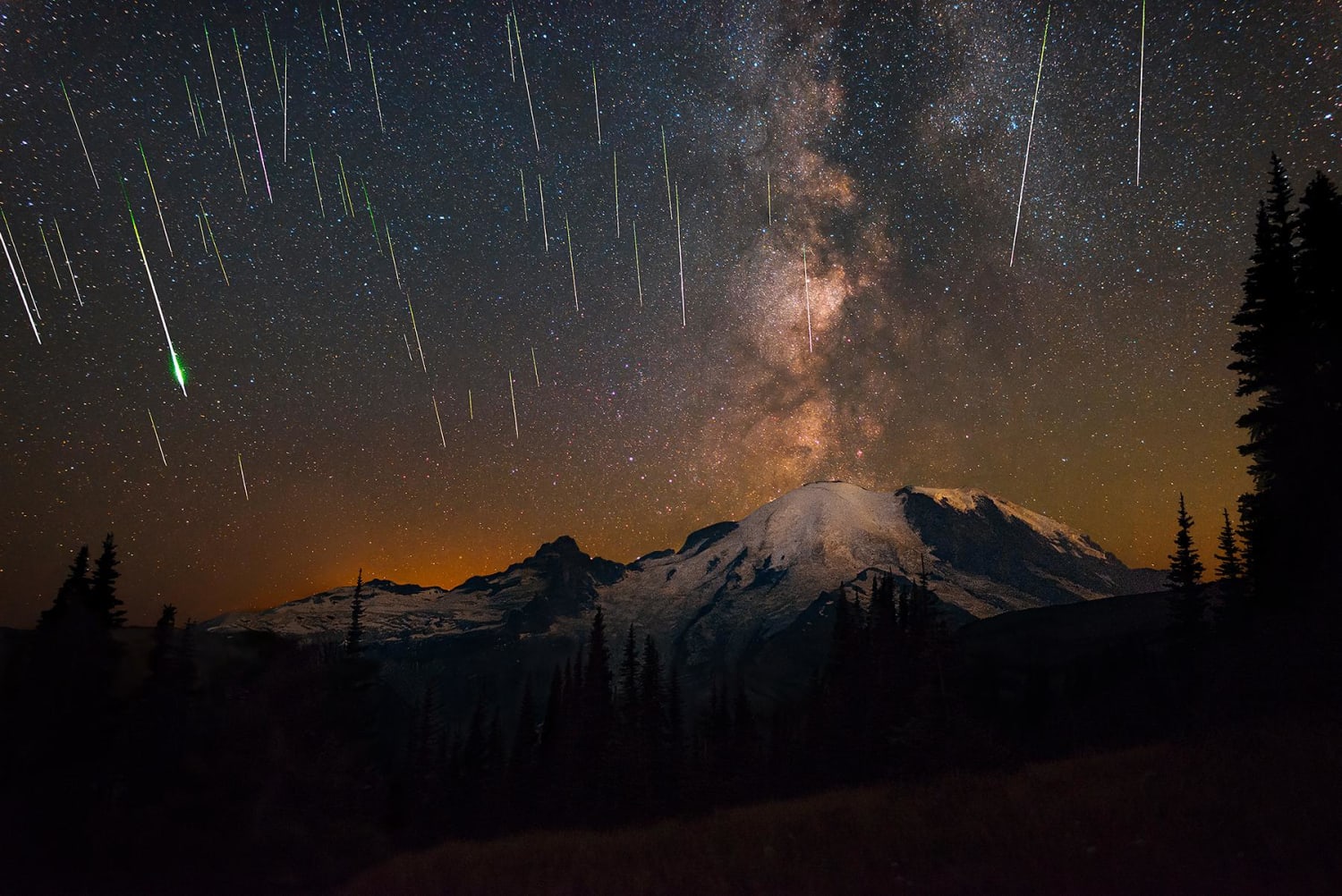 We counted over 200 Perseid Meteors and watched the Milky Way align over Mount Rainier as if it was erupting thousands of stars