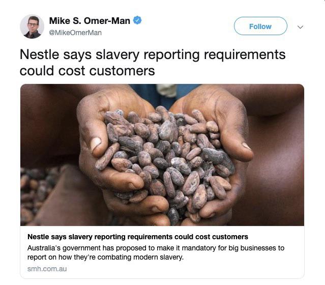 Hello, if you don't let us use slave labor and abuse human rights, we will raise the price on your favorite chocolate milk - Nestle