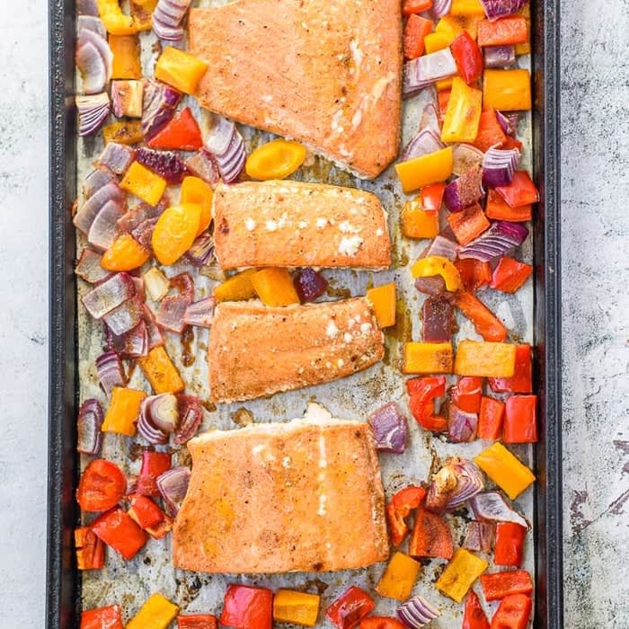 Sheet Pan Salmon Dinner - Chili Lime Salmon, Peppers, and Onions