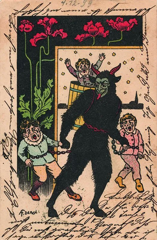 Careful out there tonight for it's Krampusnacht! Popular in German-speaking Alpine folklore, the figure of Krampus is a devil-like horned creature who punishes badly-behaved children the night before St Nicholas' Day. More Krampus cards here: