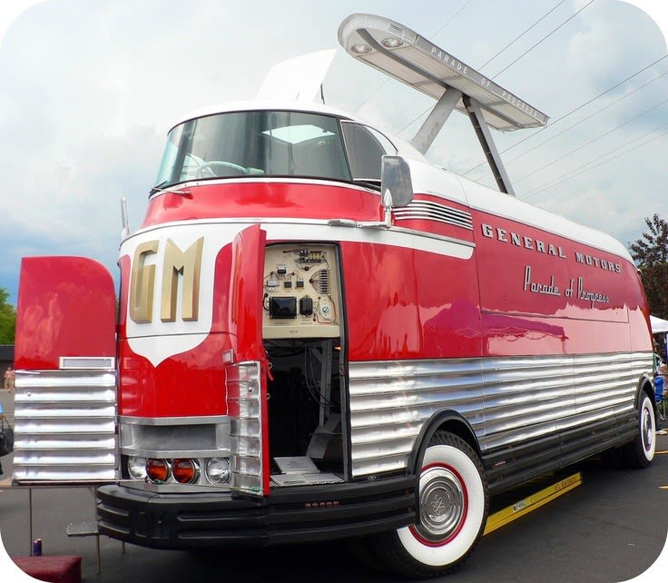 The Futurliners were a fleet of custom Art Deco vehicles designed and built by GM in the 1940's. They were used for GM's 'Parade of Progress, a traveling exhibition of vehicles promoting future cars and cutting edge technologies such as televisions, microwave ovens, and jet engines.