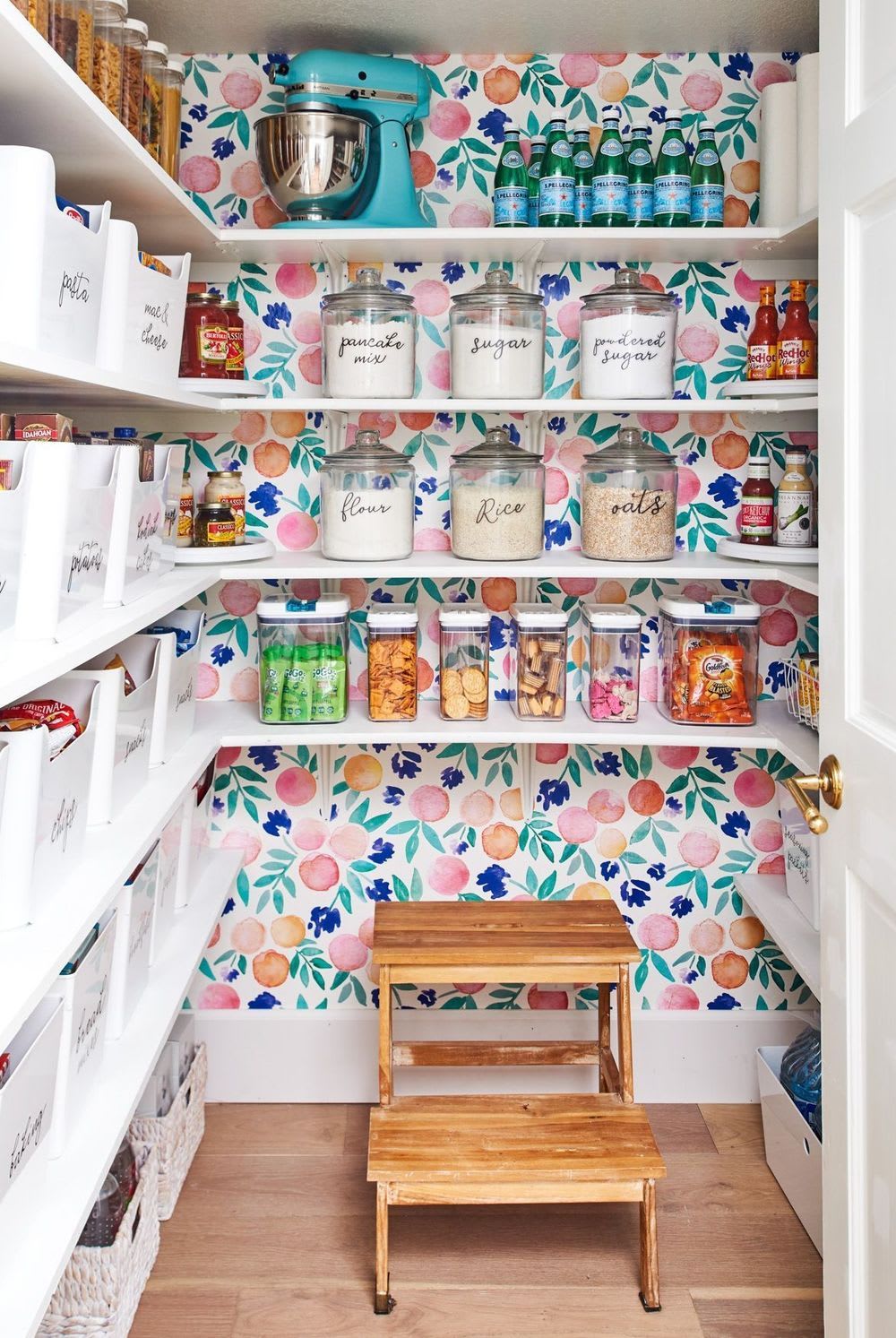 This Pantry Combines Storage and Style with Colorful Wallpaper and