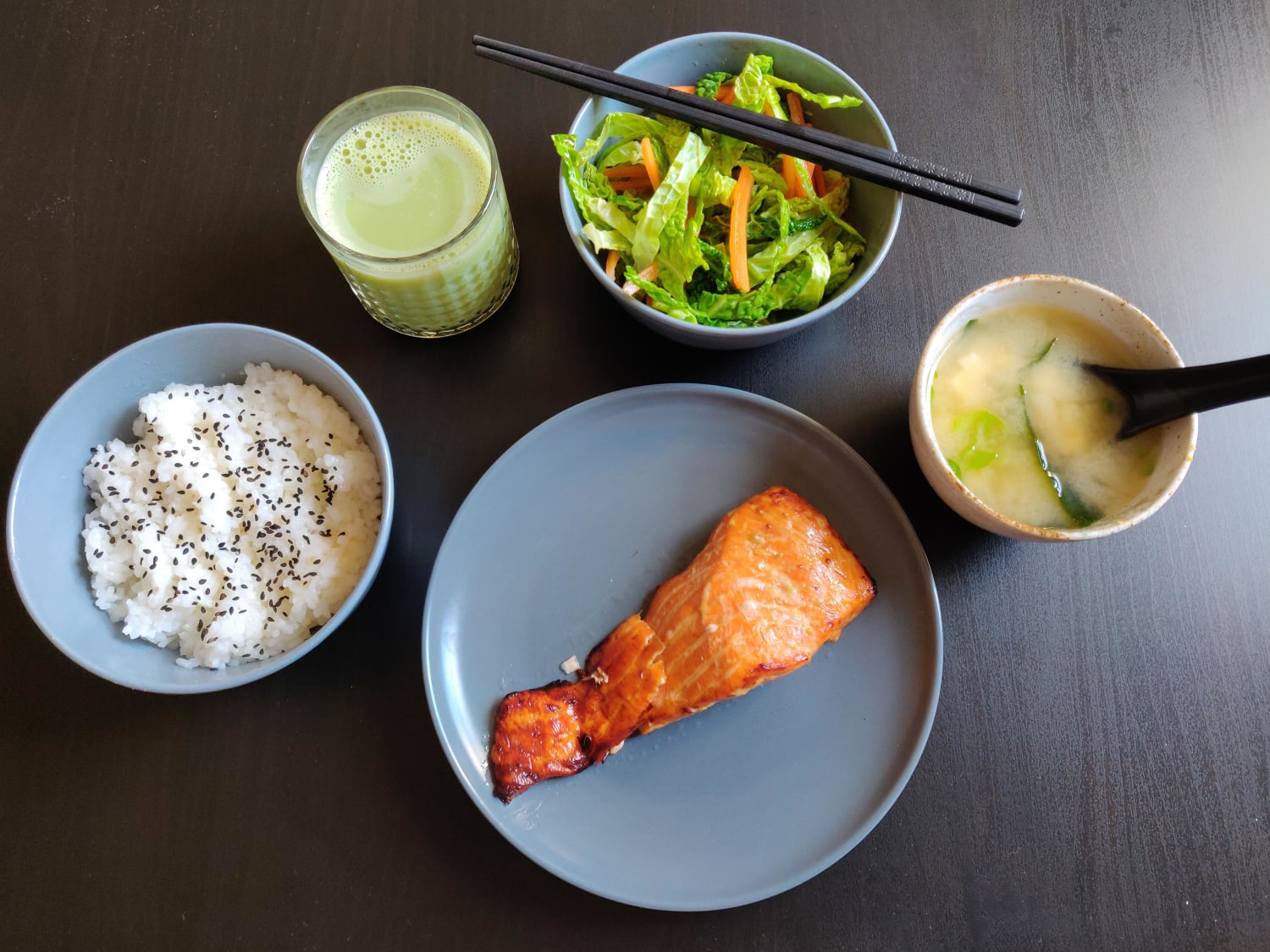 Japanese Breakfast - Baked Salmon, Rice, Miso Soup, Shredded Carrot and Cabbage Salad and Iced Matcha