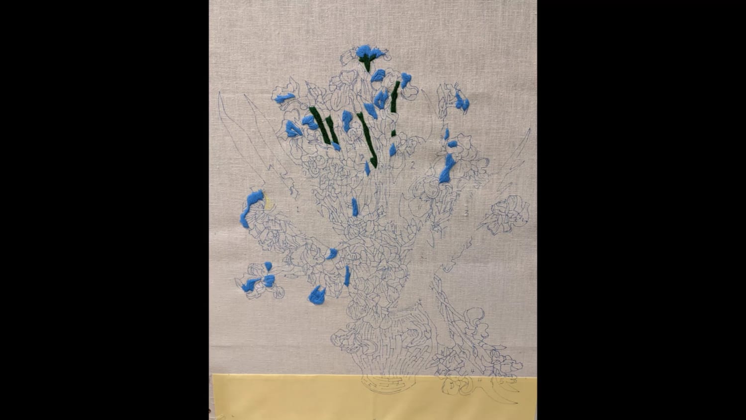 Van Gogh's Irises in a vase crewel embroidery. Time lapse courtesy of my son.