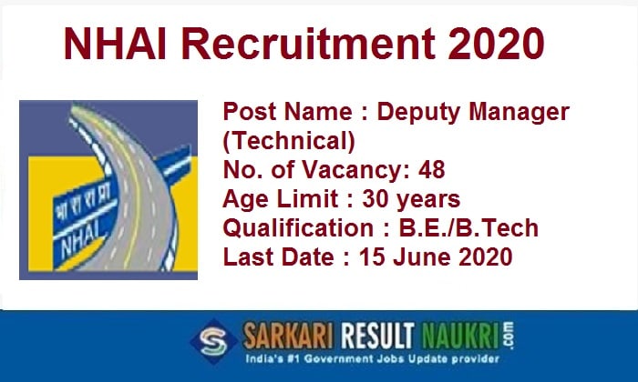 NHAI Recruitment 2020 - NHAI 48 Deputy Manager (Tech) Vacancy Apply