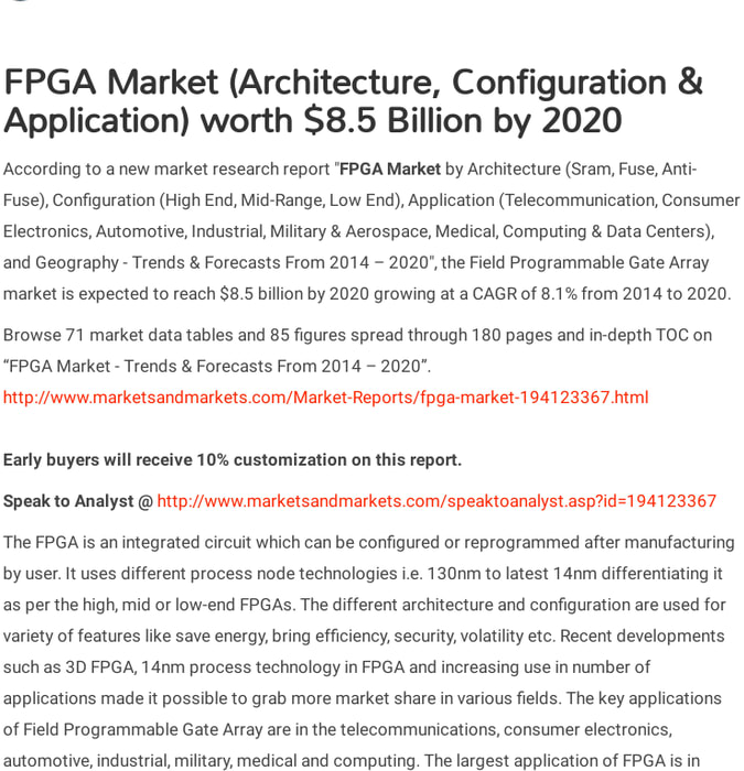 FPGA Market (Architecture, Configuration & Application) worth $8.5 Billion by 2020: MarketsandMarkets