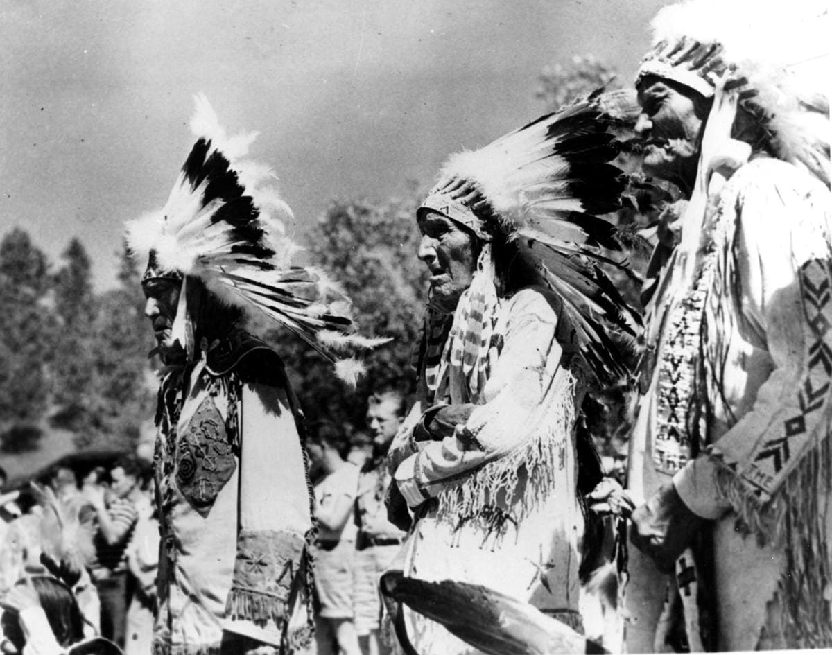 Three survivors of the Battle of Little Big Horn stand together in Custer State Park in Custer, S.D. on Sept. 2, 1948. Left to right are, Iron Hawk, Dewey Beard and High Eagle. AP