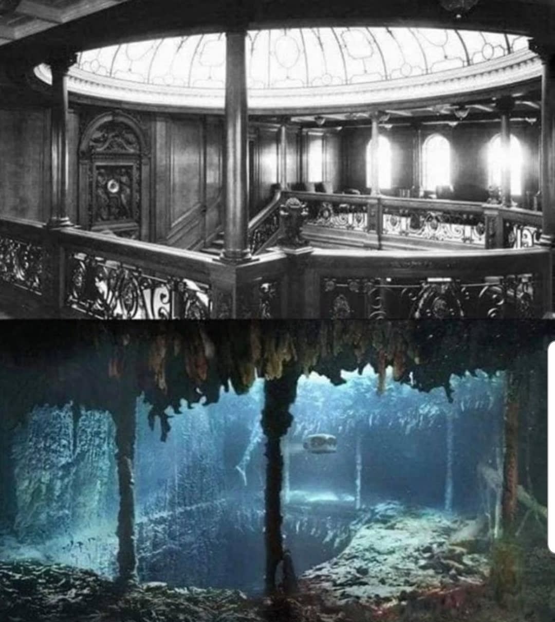 What Titanic's Grand Staircase looked like in 1912 vs what it looked like in 2001.