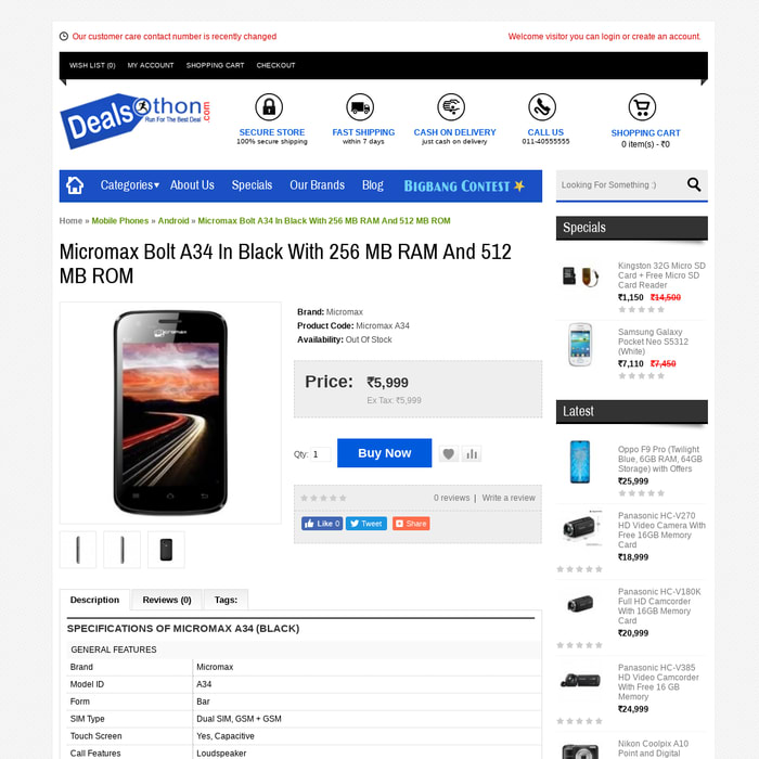 Micromax Bolt A34 In Black With 256 MB RAM And 512 MB ROM