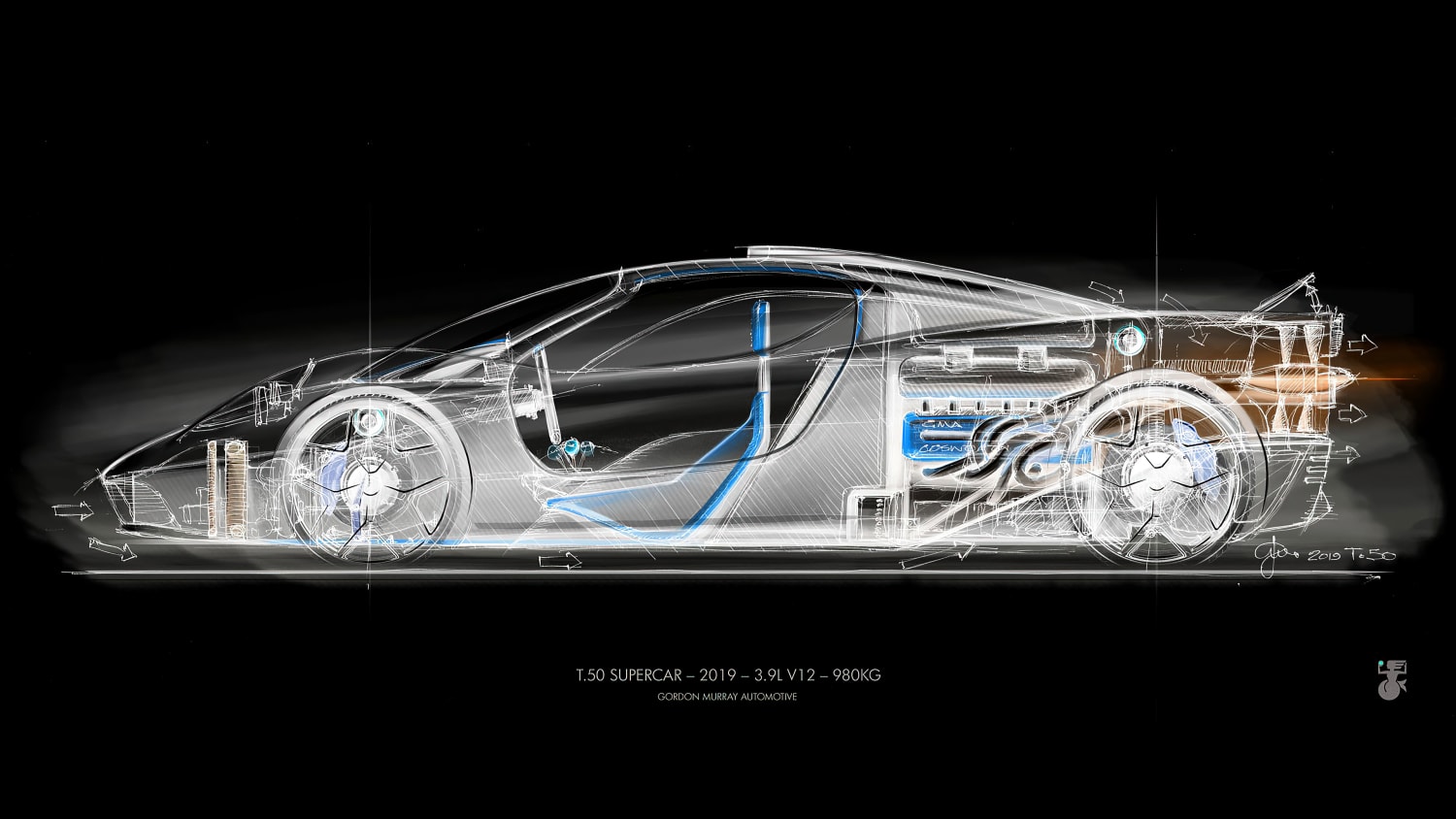 Gordon Murray's T.50 Supercar Sketch Inverted