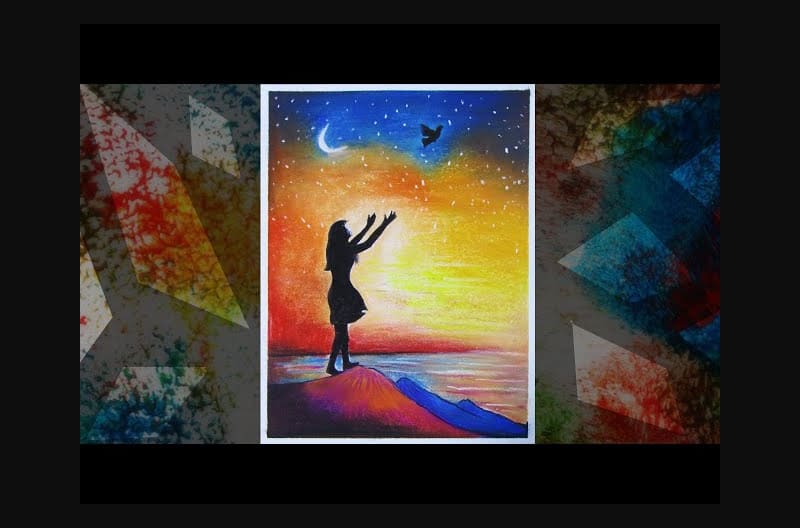 how to draw a girl moonlight landscape painting on paper with soft pastel color step by step video.