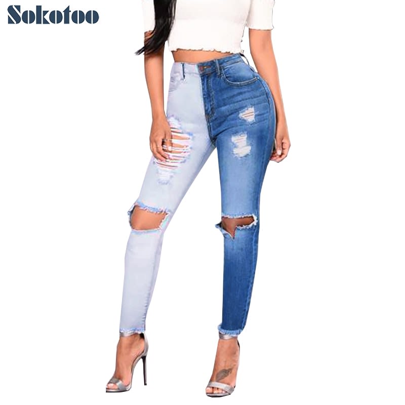Women's spliced contrast color ripped stretch jeans