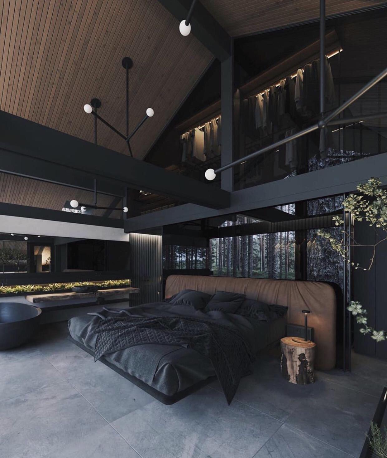 This dark themed bedroom