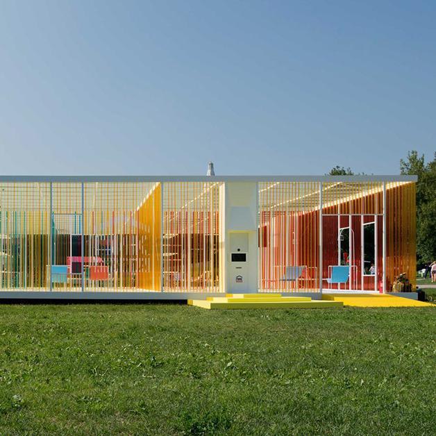project eleven builds contemporary yet retro-futuristic rainbow pavilion in russia