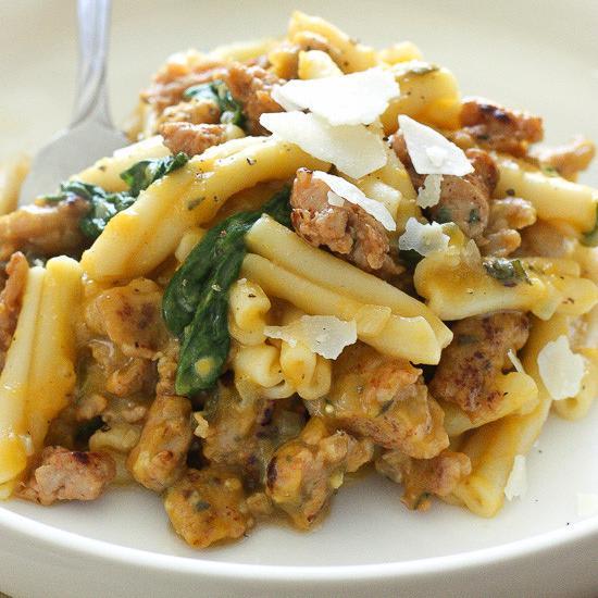 Pasta with Butternut Sauce, Spicy Sausage and Baby Spinach
