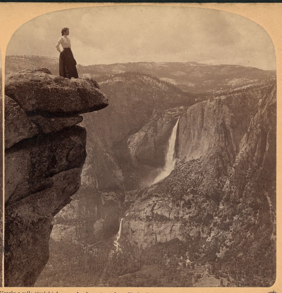 Nearly a mile straight down and only a step—from Glacier Point (N.W.) across valley to Yosemite Falls, Yosemite, Cal. — c. 1902